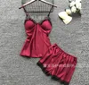 2020 Women Pajamas Sets Satin Sleepwear Silk 4 Pieces Nightwear Pyjama Spaghetti Strap Lace Sleep Lounge Pijama With Chest Pads