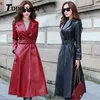 Black and Red Color Long Spring Thick Women Leather Coat Long Sleeve Waist Strap Pocket Female Jacket 201030