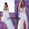 2022 New Cheap Bohemian Lace Wedding Dress Beach Sheer Neck Appliques Wedding Dress Long Sleeves Backless Bridal Gowns Robe de mariee