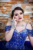 Vintage Blue Crystallen Baljurk Quinceanera Jurken Major Kralen Lange riemen Tule Formele Brithday Prom Party Wear Sweet 15 Year 16 Jurk