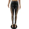 Tsuretobe Scava Fuori Lace Up Pantaloni Della Matita Sexy Delle Donne A Vita Alta Fasciatura Leggings Club Party PU Faux Pantaloni di Pelle Femminile LJ200813