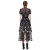 Casual Dresses Self Portrait Vantage Dress 2021 Summer Design Black Mesh Brodered Flowers Midi O-Neck kort ärm för kvinnor309i