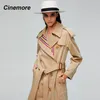 Cinemore 20109 جديد وصول الخريف الكاكي خندق معطف المرأة عارضة الأزياء عالية الجودة القطن مع حزام طويل معطف للنساء 9004 201028