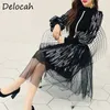 Delocah Mulheres Verão Fashion Designer Saias Set Lantern Manga Solta Tops + Cintura Alta Lantejoulas Midi Saias 2 Dois Peças Suits 220302