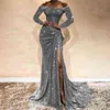 2022 Girls Sexy Boat Neck Off Shoulder Sequined Evening Gowns Side Split Mermaid Dress Long Y220222