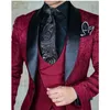 Marinho Bordado Borgonha Bordado Mens Ternos Smoking Smoking Shawl Lapel 3 Peças Noivo Fit Fit Fit Masculino Formal Formal Festa De Prom Blazer (Blazer + Colete + Calças)