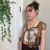 Women's T-Shirt Brown Vintage Y2K Lace Crop Top Short Sleeve See Through Sexy Mesh Woman Tshirts V Neck Up Floral Kawaii Clothes Shrug