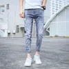 Yaz 2021 Kore Gençler Streç Slim-Fit Kot Erkekler \ 'ın Rahat Işık Renkli Marka Ayak Bileği Uzunluğu Pantolon G0104 Yırtık