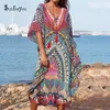 Plus size Print Beach Dress Robe de Plage Swimsuit Cover up Pareos de Playa Mujer Bathing suit Cover ups Sarong Tunic for Beach Y200708