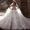 Гламурные роскоши Дубай арабские шариковые платья свадебные платья новые кружевные длинные рукава 3D цветы бисером свадебных платьев халаты де Марие