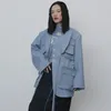 [Eam] Mulheres Blue Spllit Bolso Big Size Trench New V-Collar Manga Longa Loose Windbreaker Moda Primavera Outono 1H264 201028