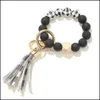Keychains Fashion Accessories Black Frosted Wooden Bead Bracelet Keychain Pattern Tassel Pendant Bracelets Women Girl Key Ring Wrist Strap 7