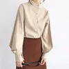 Dames Herfst en Winter Single-Breasted Stand-Up Kraagoverhemden Grote Lantaarn Mouwen Shirt Office Solid Color Retro Blouses