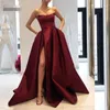 2020 Burgundy vestidos de baile com bolsos alta Side Slit Strapless Satin Elegant Evening Partido Longa Wine Vestidos Red Mulheres vestido formal