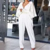 Wit roze elegante wide been dames jumpsuit rompers sexy v nek backless hoge taille lange mouw kantoor dames feest long jumpsuit t200701