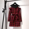 ICHOIX Korean style cute red plaid shirt dress long sleeve with belt mini dress casual offshoulder spring fall women dress T200604