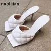 9cmレディース夏のハイヒールスリッパ女性白い革の正方形のぞき見ながらサンダルレディースサンダル靴ポンプChaussure Y200702