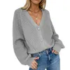 Kvinnor Solid Casual Sweater Oversize V Hals Stickade Cardigans 2020 Höst Varm Loose Lantern Sleeve Singel Row Button Kvinna Coat