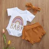 2021 Nieuwe Zomer Baby 3 Stuk Stes Katoen Regenboog Korte Mouw Jumpsuit Shorts Haarband Leuke Outfits E1000279q