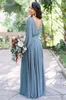 V Neck Bohemian Chiffon Bridesmaid klänningar Långa ärmar Veck golvlängd bröllop Gästklänning Maid of Honor Robes de Demoiselle D'Honneur Moiselle