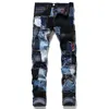 Automne Hiver Hommes Patchwork Ripped Brodé Stretch Jeans Trous à la mode Pantalon en denim droit 201223