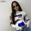 KLALIEN Women Casual White Print Slim Skinny Stretch Removable Sleeves O Neck Female T Shirt Spring Summer Top 220214