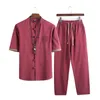 Verano para hombre camisa de lino conjuntos masculino streetwear jogger sudaderas camisas + pantalones largos chándal chino para hombres 2 piezas set 5xl 201109