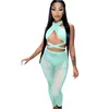 2022 Summer Femmes Tracksuits Sexy Hollow Out Trois Piece Pantalon Set Cou Suspendre Cross Mesh Perspective Vêtements d'épissure