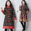 Big Size Women Winter Cotton Linen Ethnic Print Button Long Coat Lady's National Style Jacket Stand Collar Kvinnlig vintage Coat T200212