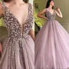 New Sexy Plunging V Neck Beaded Crystals Quinceanera Prom Dusty Pink Tulle Sleeveless Evening Dresses Formal Party Wear Cheap Gowns