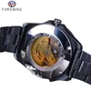 Forsining Steampunk Golden Luminous Skull Black Stainless Steel Skeleton Open Work Mens Automatic Klockor Top Brand Luxury Clock