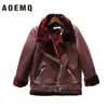 AOEMQ Retro New Fapel و Velvet Pated Fur One Coat Warm Fashion Pu Lamb Lamb Hair Motorcycle Clothing Stuck LJ200825