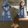 Bambini Gilet Girls Cotton Felpe con cappuccio in cotone Giacca senza maniche primavera 2020 Cappotti Denim per Toddler Baby Jeans Vestiti Capispalla Moda 3-14Y LJ201126