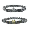 8mm Magnetic Hematite Stone Micro Inlay Black Zircon CZ Crown Bracelet