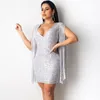 Tassel Sleeve Sequined Evening Party Dress Women V-Neck Elegant Club Mini Dress Celebrity Birthday Sexy Bodycon Vestidos