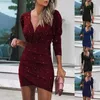 Vestidos Casuais Sexy Mulheres Deep V Neck Lantejoulas Envoltório Ruched Manga Longa Nightclub Elegante Bodycon Noite Party Mini Vestido Vestidos # G3