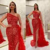 Luxury Red Beaded Mermaid Prom Dresses One Shoulder Neck Sequined Feather Evening Gowns Floor Length Side Split Formal Dress