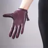 Luvas de tela sensível ao toque couro genuíno puro importado pele de cabra borla zíper estilo curto roxo escuro feminino toque function6182982