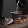 Vintage gaiwan lotus blad handhållen kruka gammal sten lera förgyllda järnglasyr handgjorda grova keramik tekanna tekannor keramik te turenen