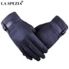 La Spezia رجل الغزال قفازات شاشة تعمل باللمس الذكور البحرية الأزرق المخملية قفازات الحرارية الصلبة خليط جلد الخريف الشتاء القفازات الرجال 201020