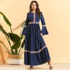 Ethnic Floral Embroidery Maxi Dress Navy Blue O Neck Flare Long Sleeve Empire Pleated A Line Dresses Plus Size Muslim Clothing T200601