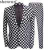 Shenrun мода костюм мужские черные белые клетки печатают 2 шт. Установите последние пальто брюки дизайн свадебный стадии певица Slim Fit Costume 201105