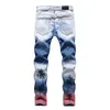 High quality Mens jeans coconut palm printed colored ripped jeans Slim fit holes distressed stretch denim pants Trousers jeans