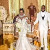 2022 BLING SEXY African Crystal Mermaid Wedding Dresses High Neck Sheer Long Hleeves spetspärlor Brudbröllopsklänningar Elegant Rob341K