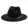 Fashion Iron Chain Felt Fedora Mens Jzz Hats Gentleman Cotton Winter Women Yellow Purple Wide Brim Top Hat Chapeau Femme 18color5273012