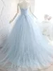 Ljusblå 2021 Empire Waist Formell Party Dresses Lace Se V-Neck Corset Back Applique Tulle Princess Prom Quinceanera Klä Sweet 16 Girls