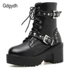 Gdgydh Sexy Rivet Autumn Boots Women Platform Boots Black Leather Gothic Punk Style Combat Boots For Women Mid Heels Comfortable 201019