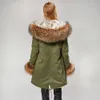 MMK Fashion Womens Parka Coat Rabbit päls foder stor tvättbjörn päls krage vinter kappa jacka lång huva armé grön säsong varm ja 201125