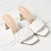 Tofflor Sexy PU Diamond Square Head Peep Toe High Heel Summer Fashion Slip On Thin Heels Slides Kvinnor Mules Party1