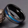 8mmブルーラインインレイメンズブラックタングステンカーバイドリング婚約指輪